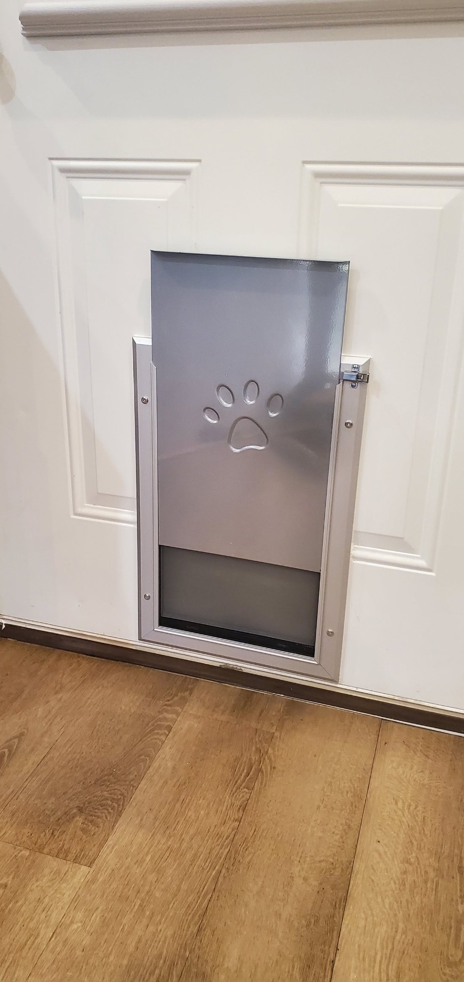 Metal pet door installed in a white paneled exterior door