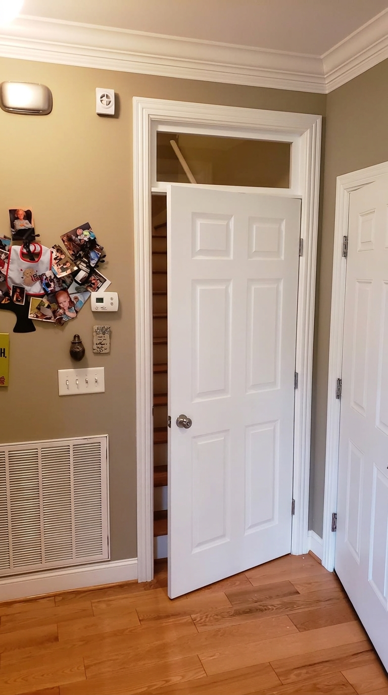 White six-panel interior door installed with finished casing and transom opening
