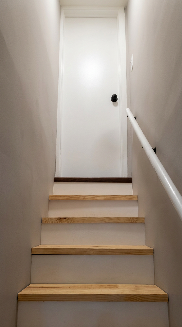 White stairwell door installed with matching trim and black hardware