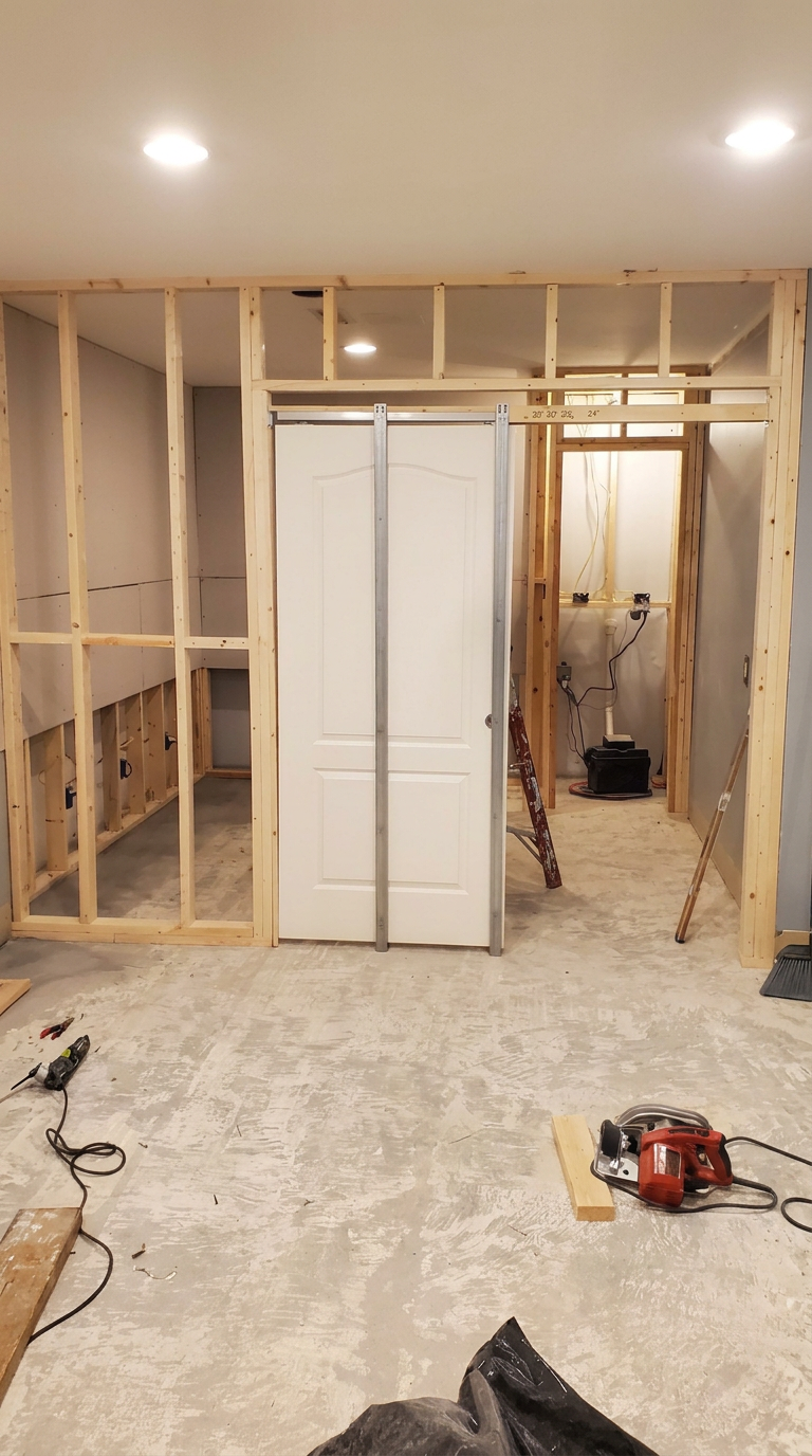 New interior wall framing with a doorway opening during a remodeling project