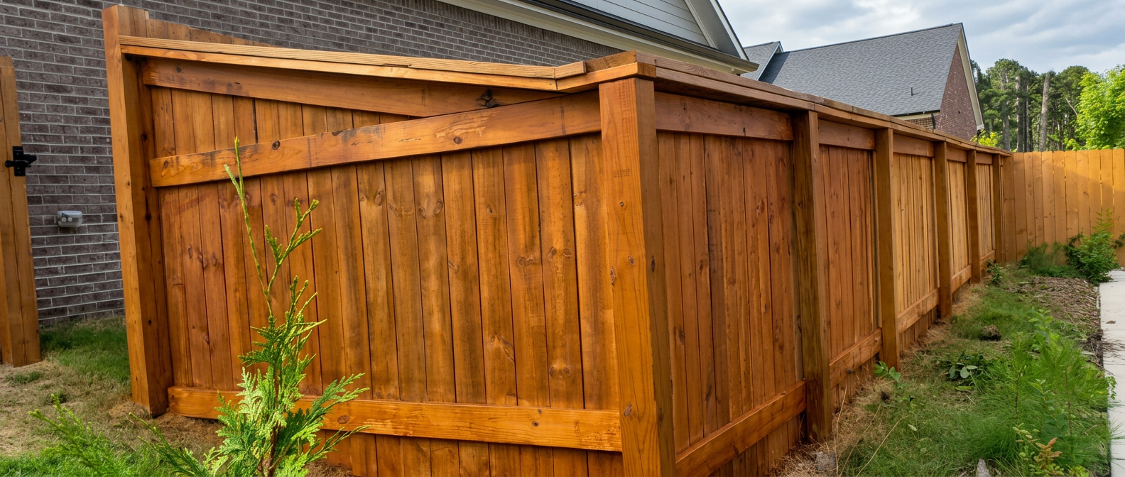 Newly built cedar privacy fence with reinforced posts and rails