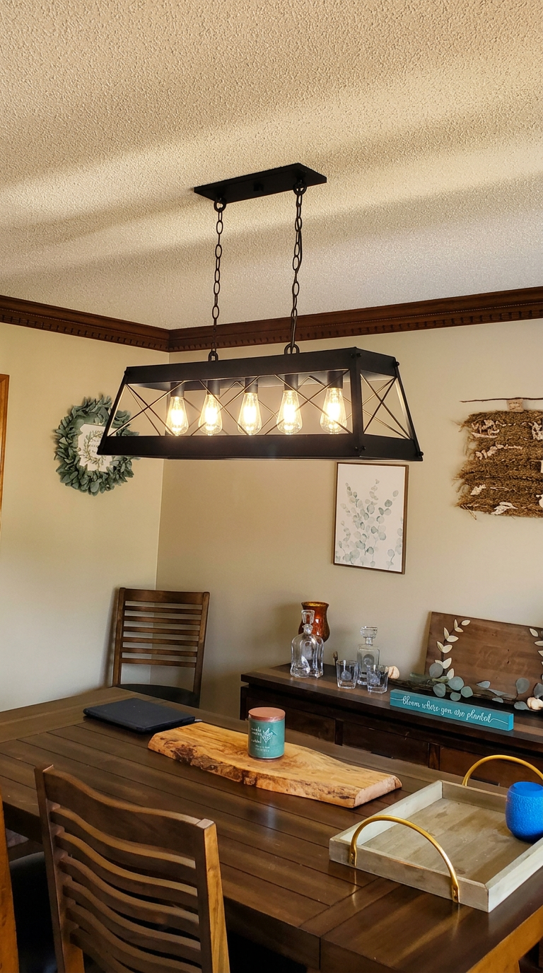 Installed five-light dining room fixture with black metal frame