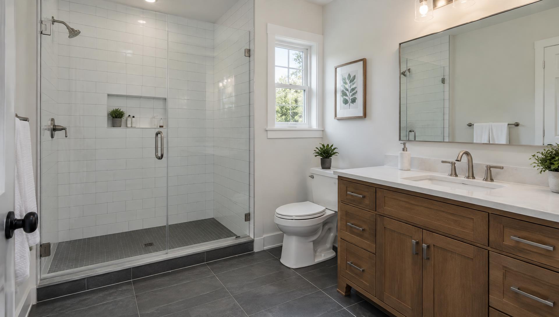Finished bathroom remodel in Cleveland, TN with a tiled walk-in shower, wood vanity and slate-look tile floor