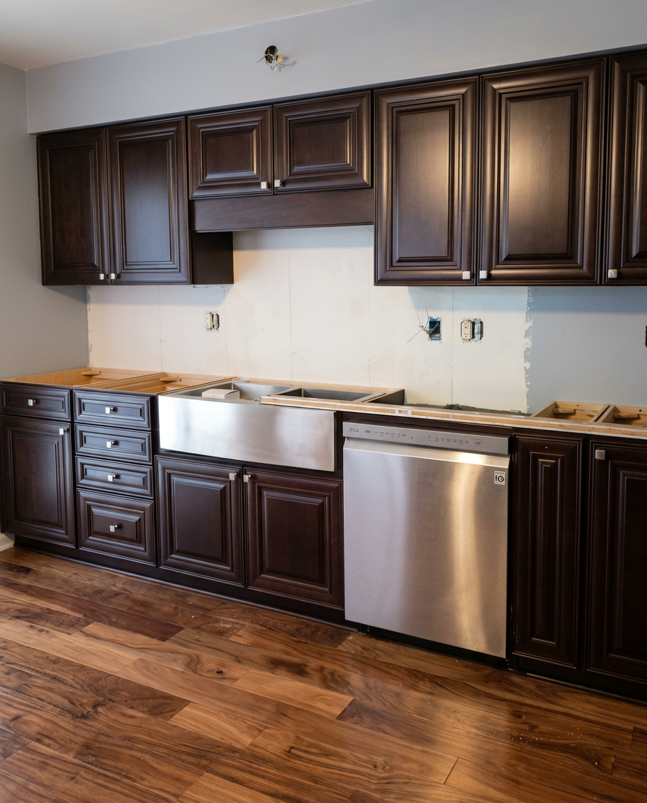 Dark wood kitchen cabinets with farmhouse sink, stainless dishwasher and hardwood flooring